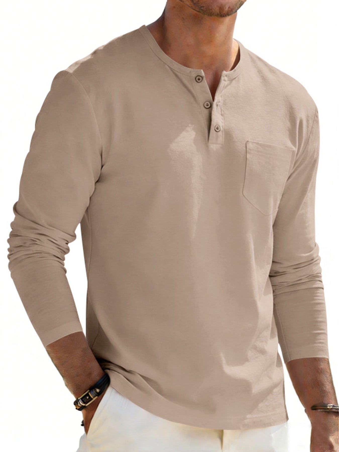 Men's Plus Size Casual Long Sleeve Henley T-Shirt with Pocket