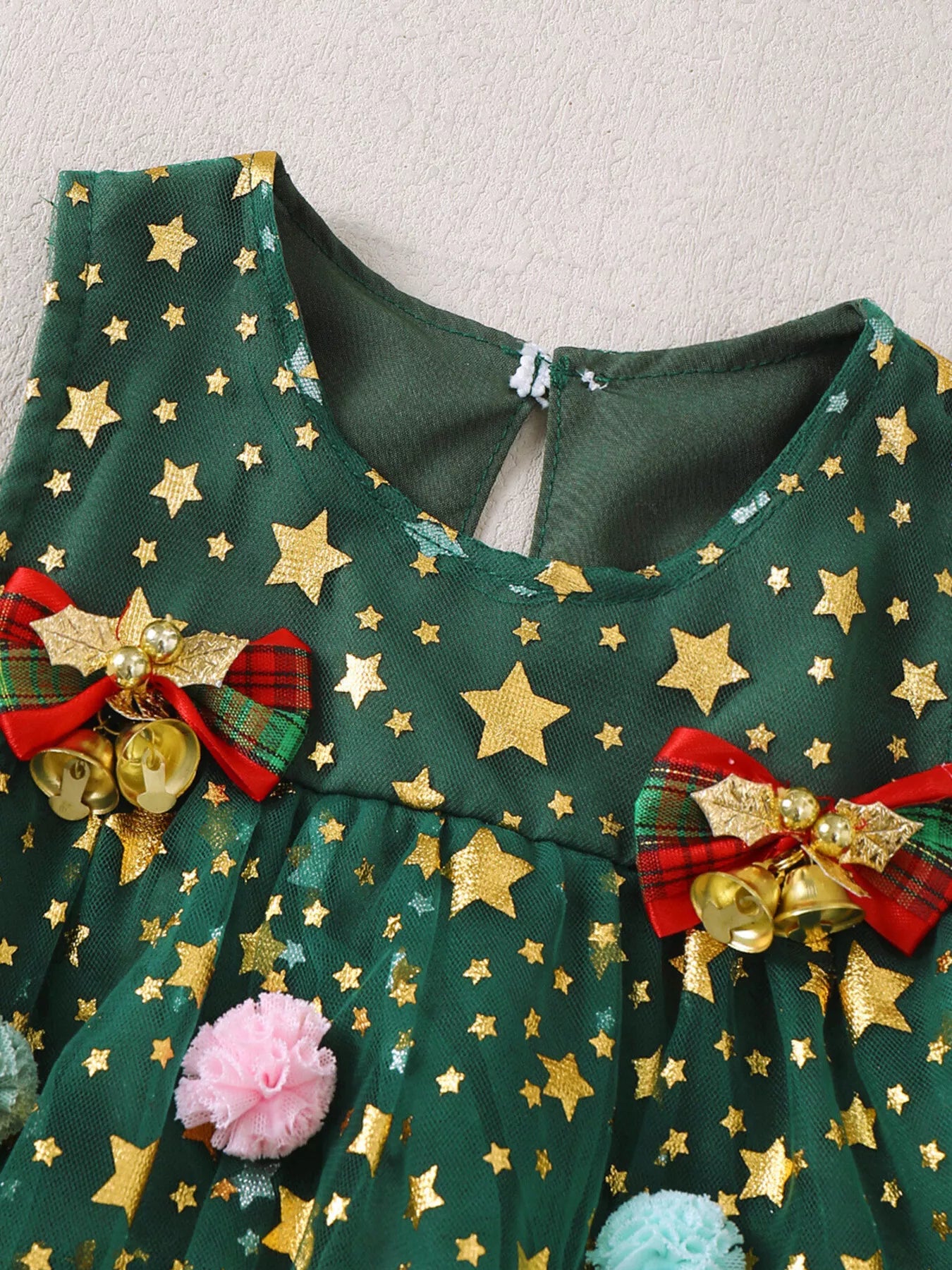 Children's Star Print Pom-Pom Embellishments Tulle Dress
