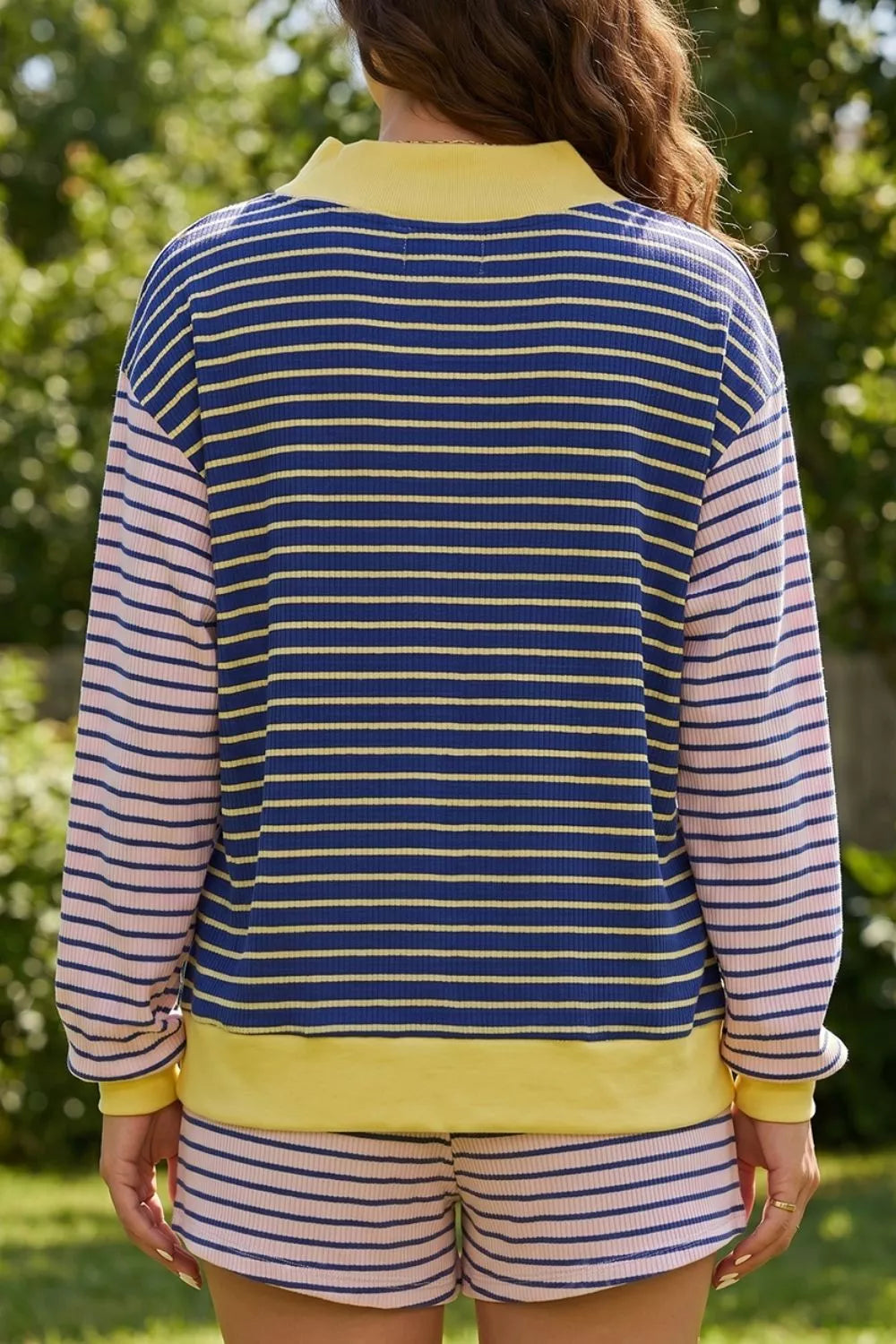 Stripe Color Block Long Sleeve Pullover Ribbed Knit Casual Shorts Set