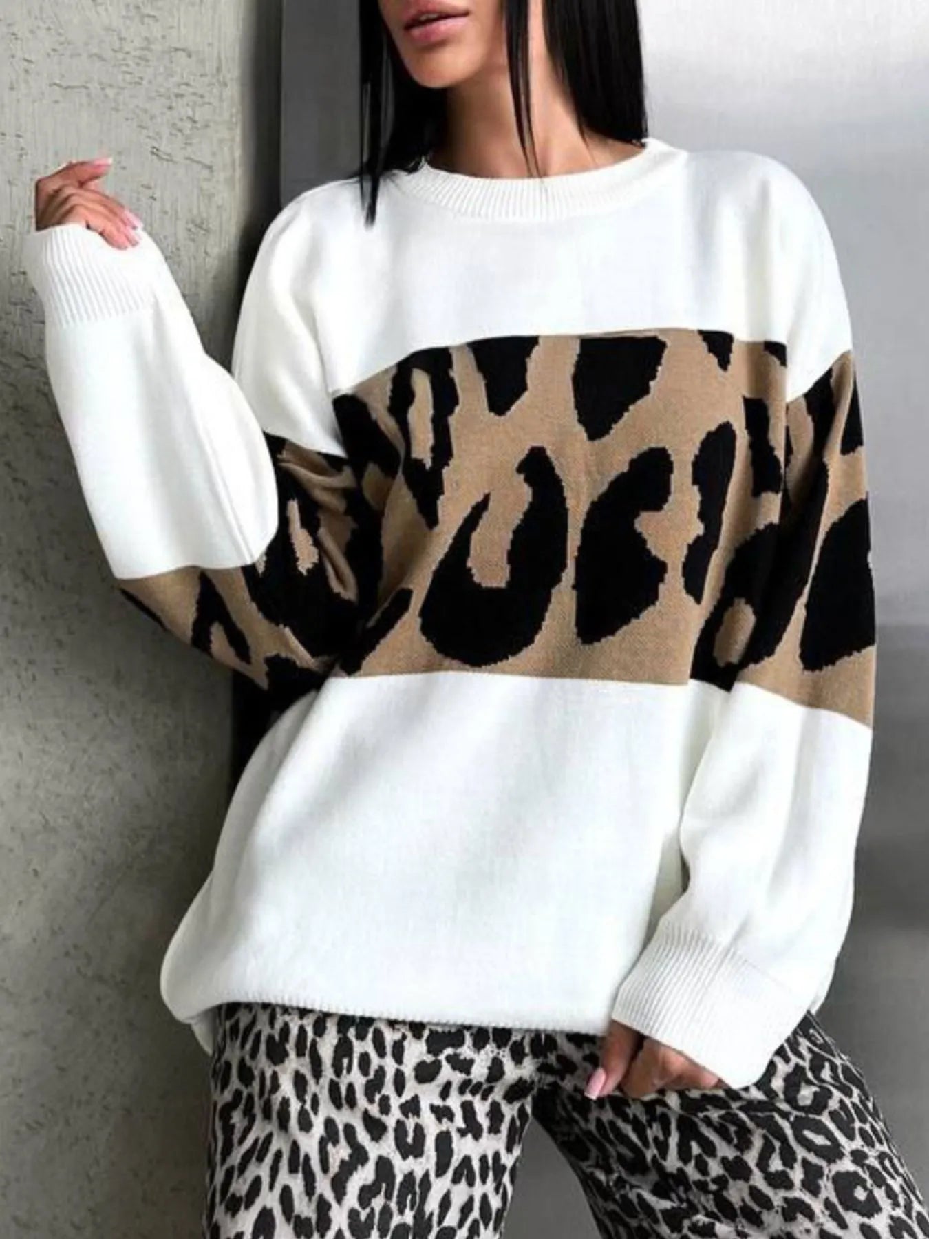 Leopard Color Block Round Neck Sweater