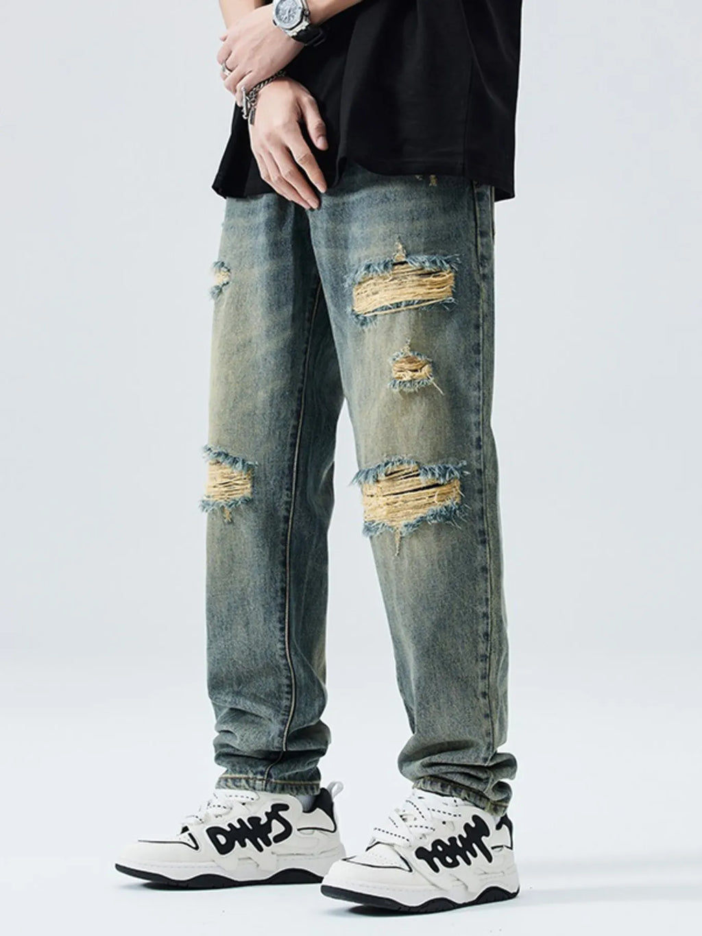 Men's Distressed Wide Leg Relaxed Fit Jeans
