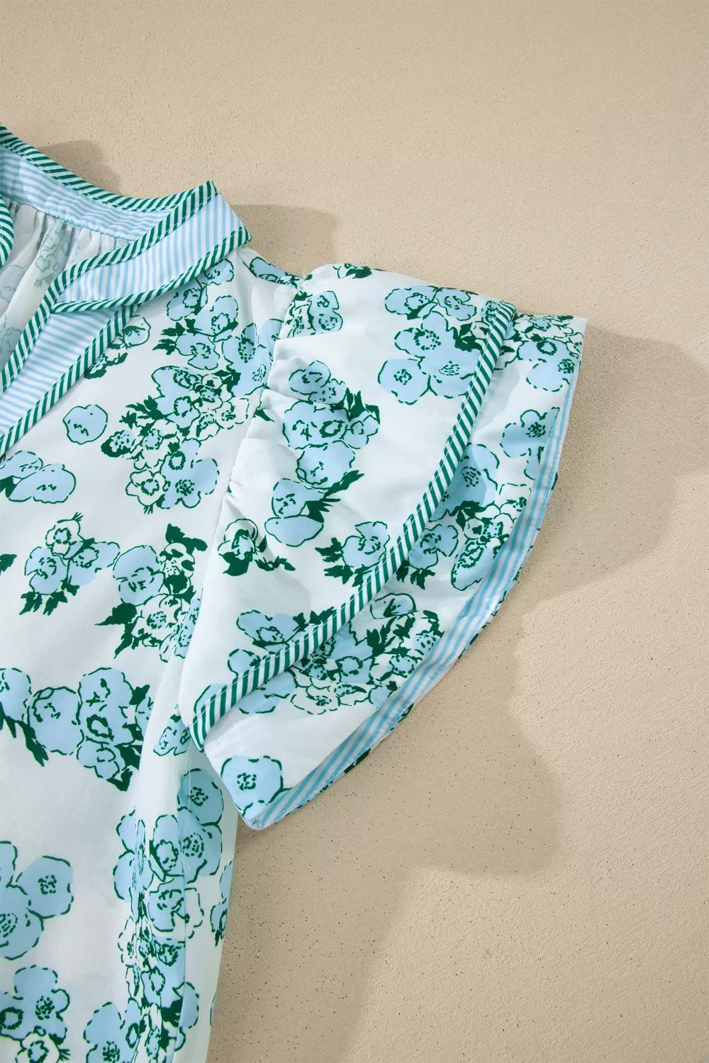 Floral Meets Stripes V Neck Flutter Sleeve Blouse