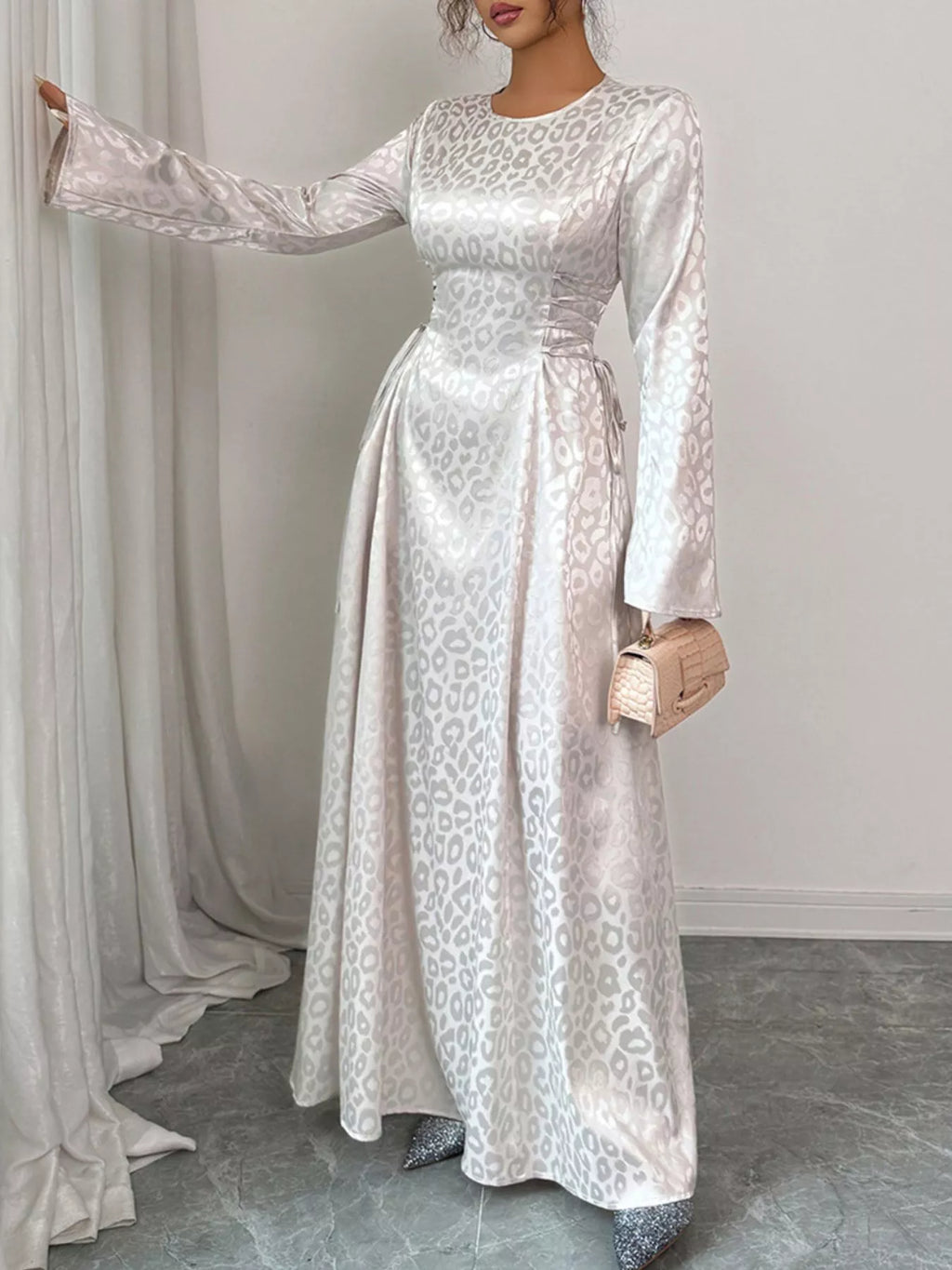 Leopard Lace Up Long Sleeve Maxi Dress