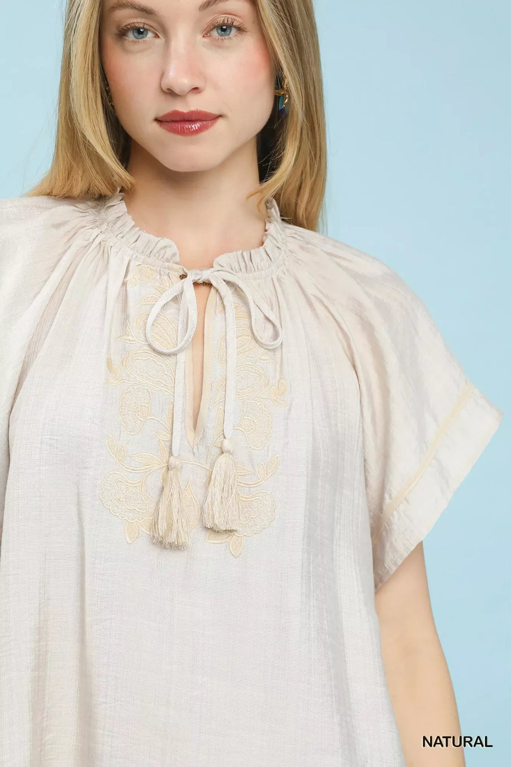 Umgee Embroidered Boho Blouse with Tassel Tie