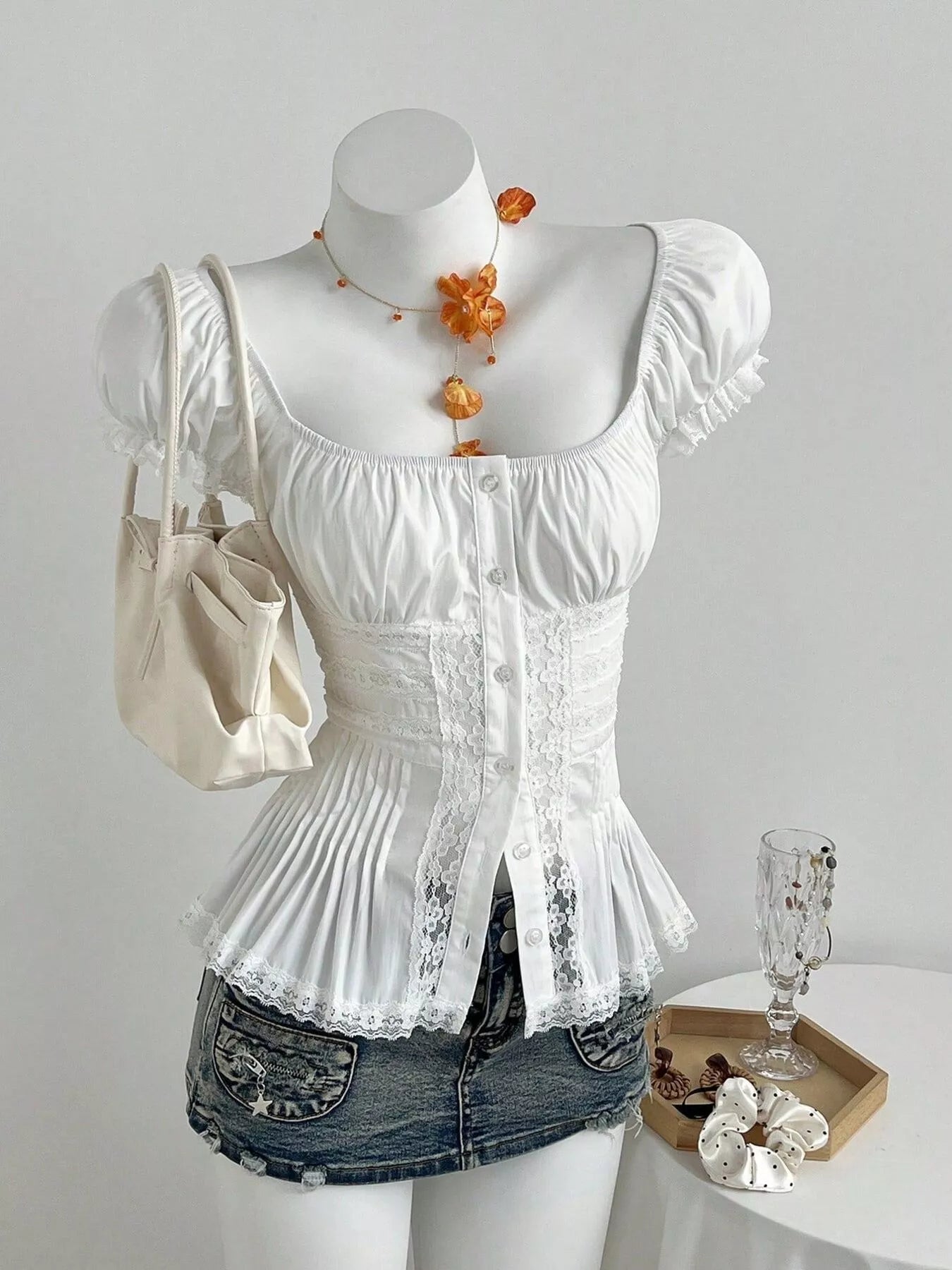Lace Button Up Short Sleeve Shirt