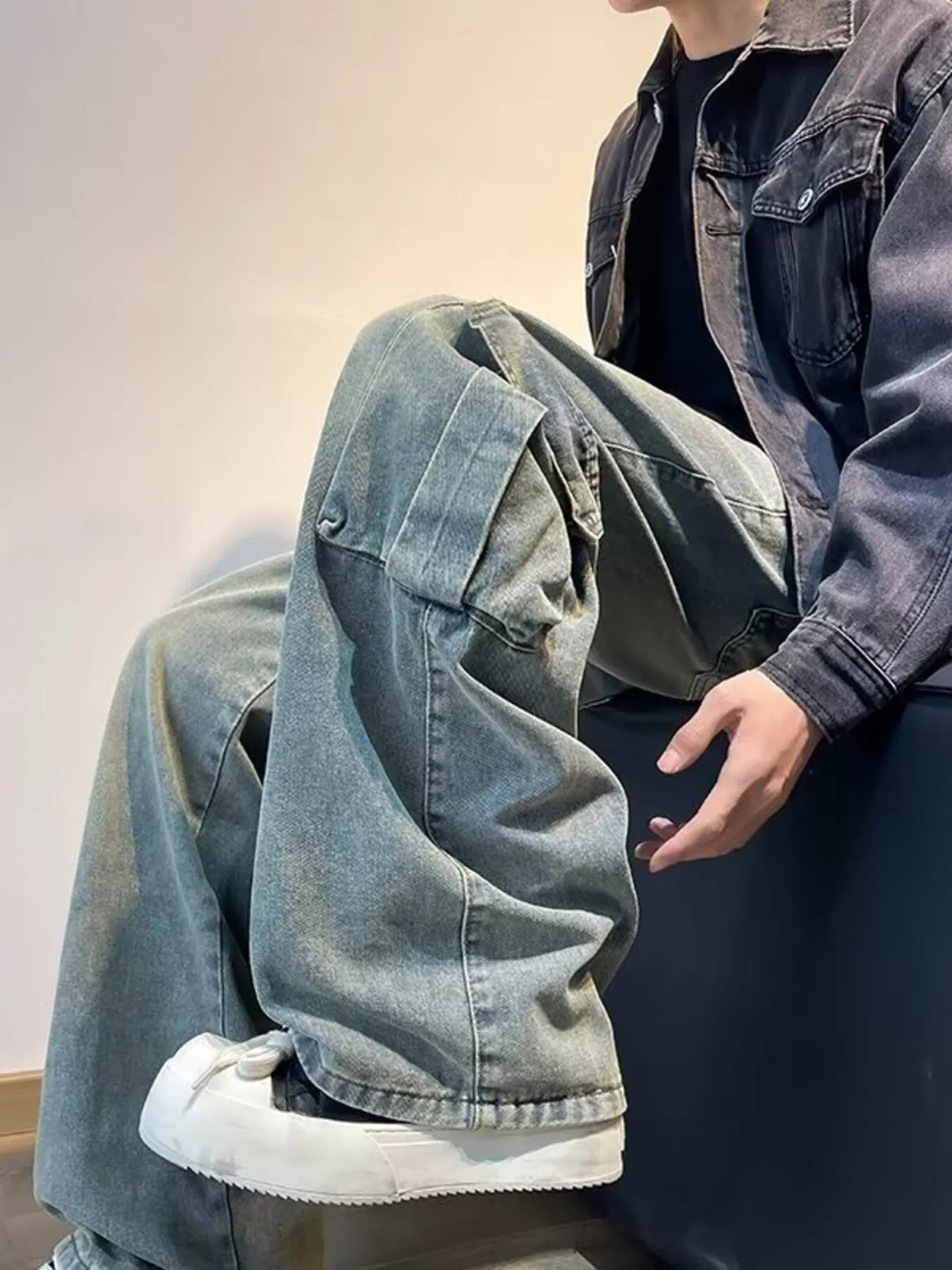 Men's Full Size Vintage Wash Wide Leg Jeans Plus Size