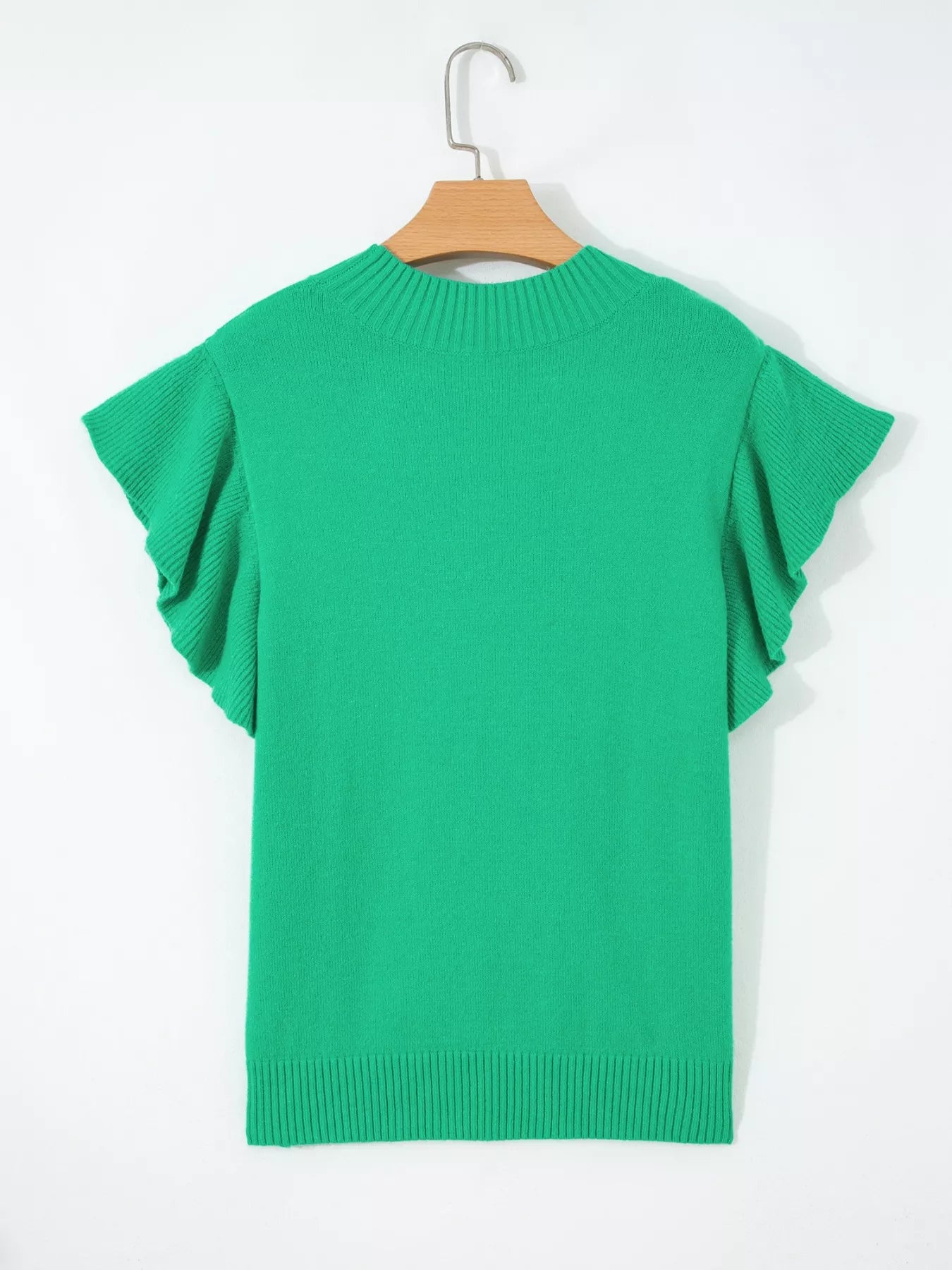 Solid Color Ribbed Trim Round Neck Ruffle Short Sleeve Sweater