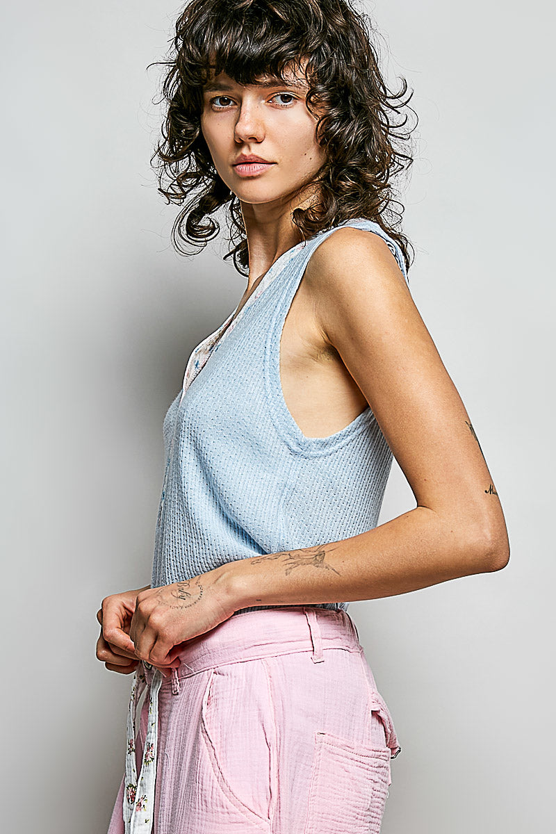 POL Ribbed V-Neck Tank with Contrast Floral Neckband