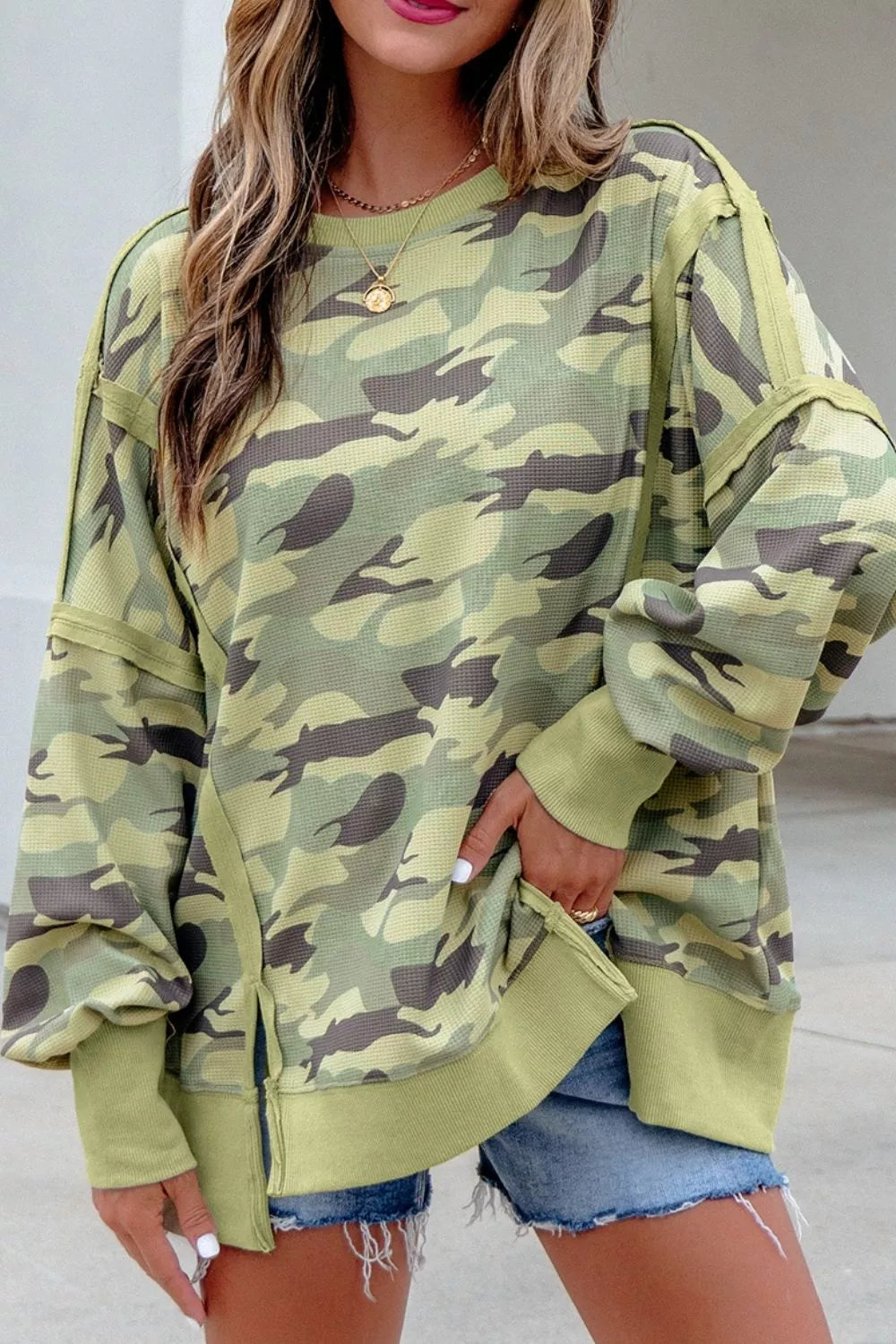 Camouflage Waffle Knit Raw Edge Contrast Trim Oversized Long Sleeve Top