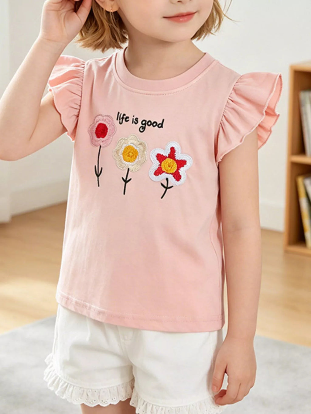 Children's Embroidered Flower Ruffle Sleeve T-Shirt