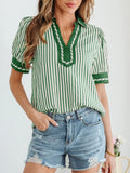 Stripe Collared Split Neck Short Bubble Sleeve Blouse