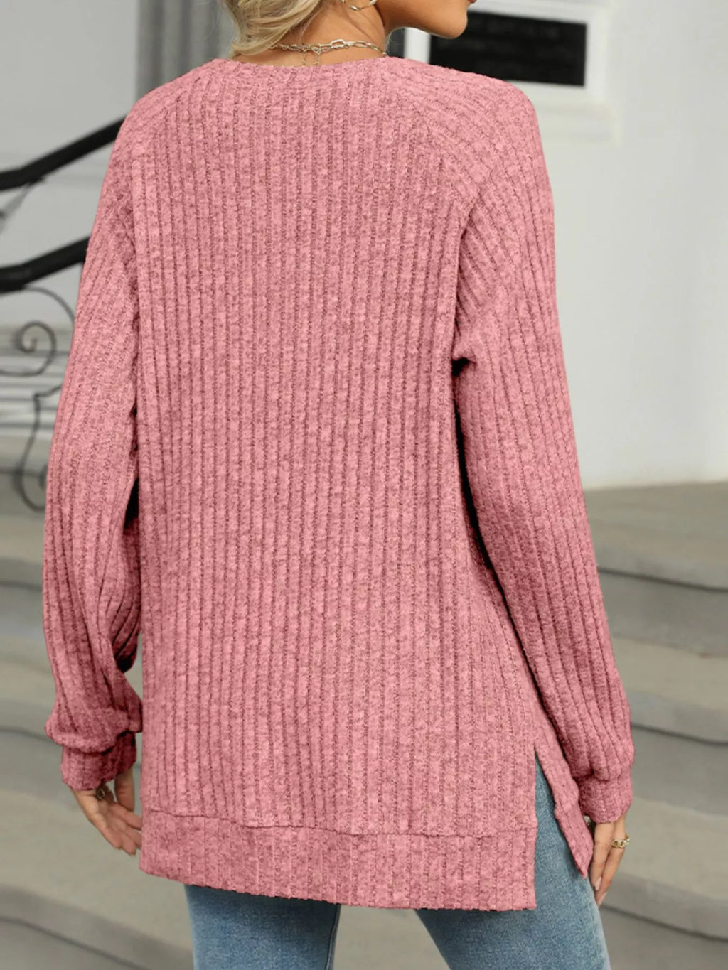 Round Neck Side Slit Ribbed Knit Top with Asymmetric Button Detail