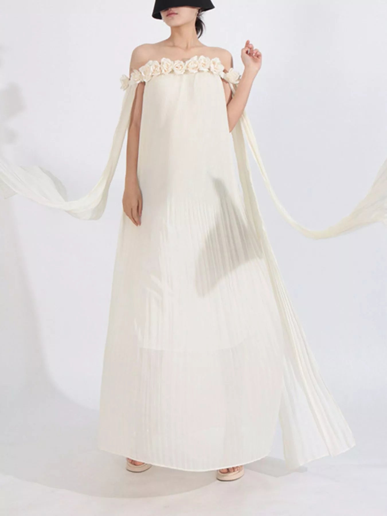Off-Shoulder Floral Pleated Maxi Dress