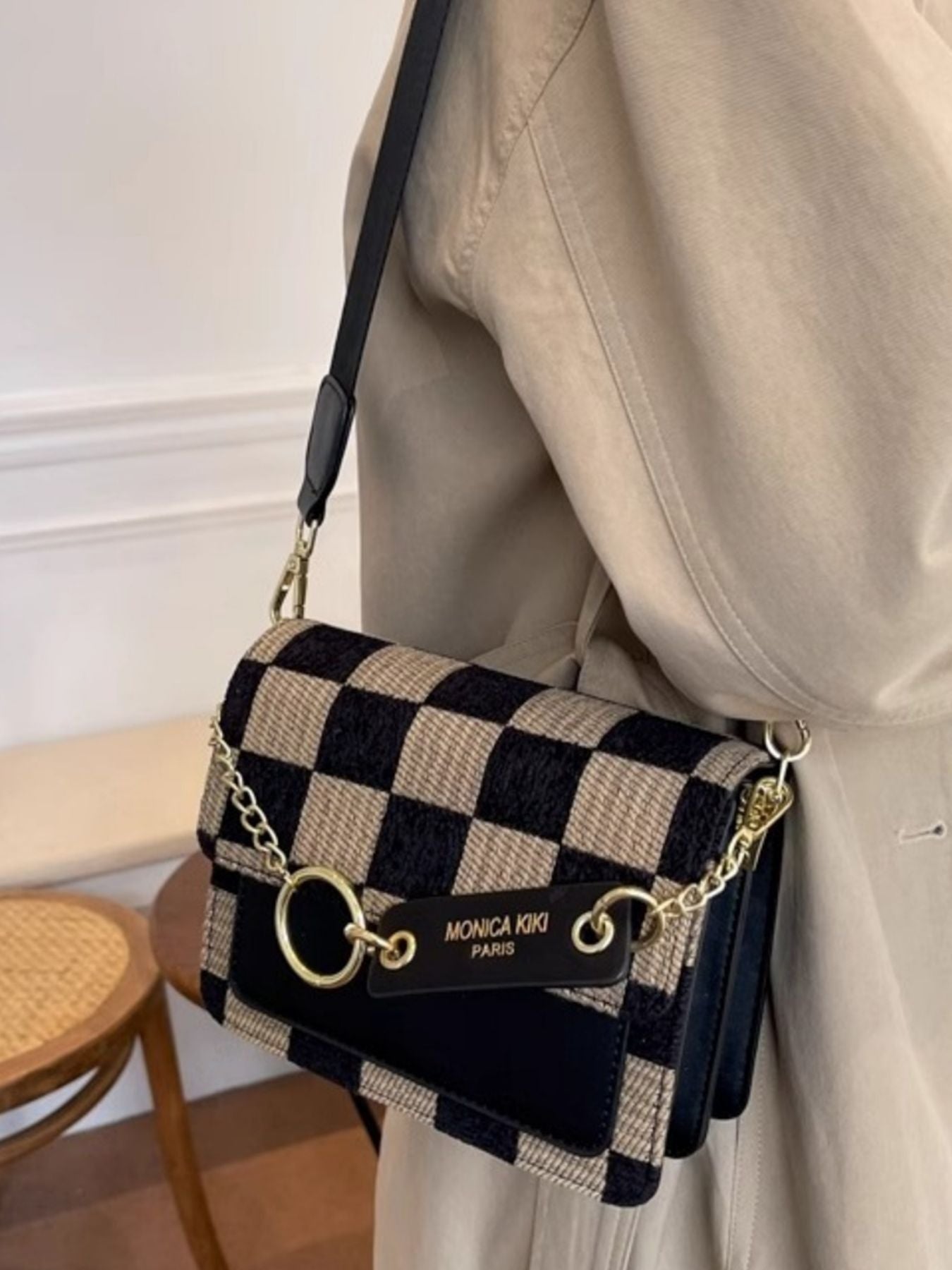 Checkered Pattern Flap Crossbody Bag