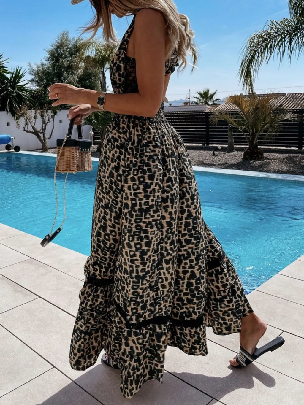 Leopard Print Sleeveless Maxi Dress with Lace Trim