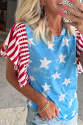 Vintage Star Print Striped Ruffle Sleeve Independence Day Top