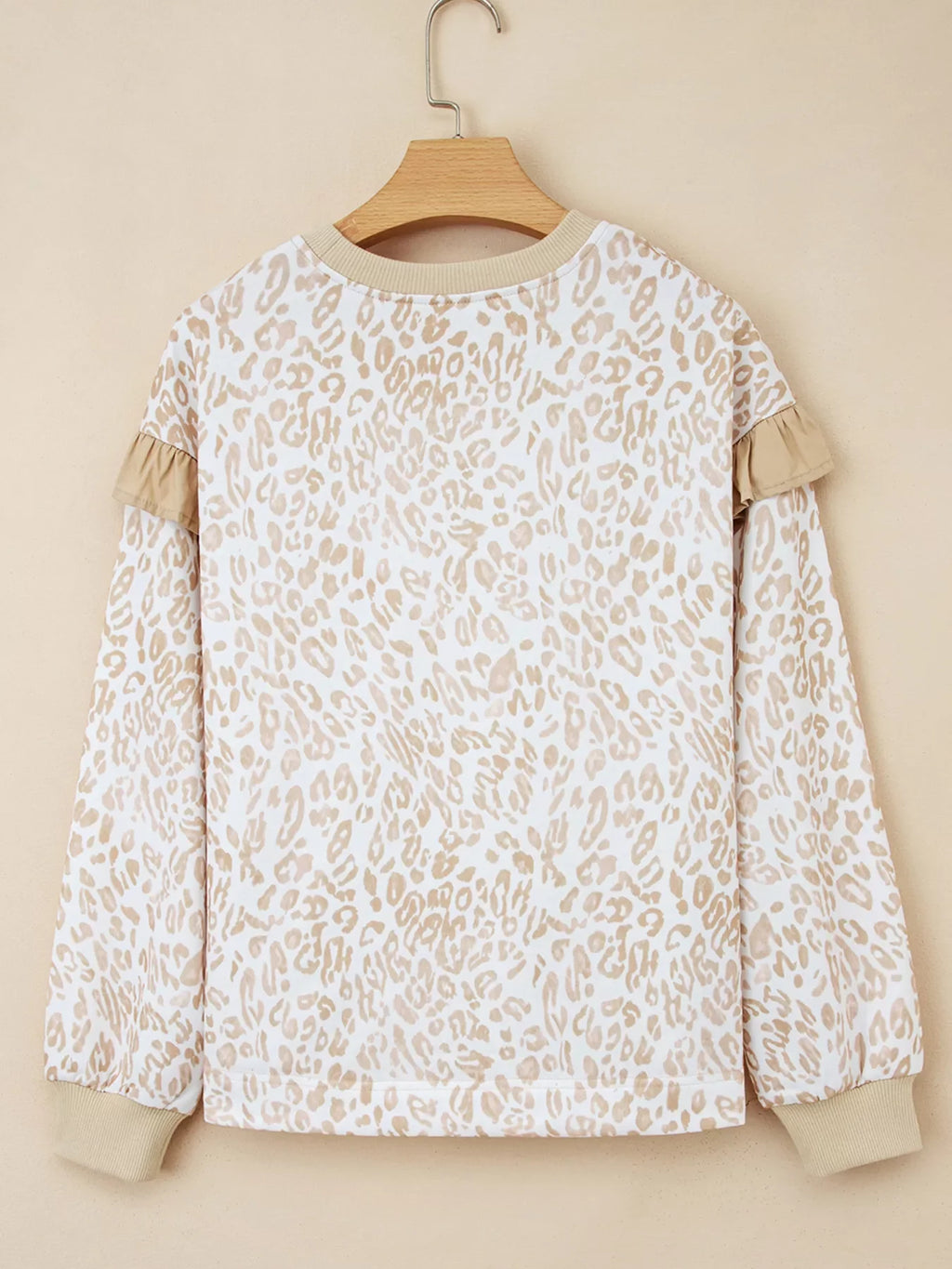 Leopard Ruffle Detail Ribbed Trim Round Neck Sweatshirt