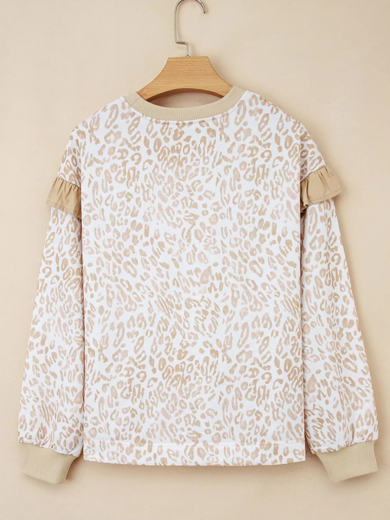 Leopard Ruffle Detail Ribbed Trim Round Neck Sweatshirt