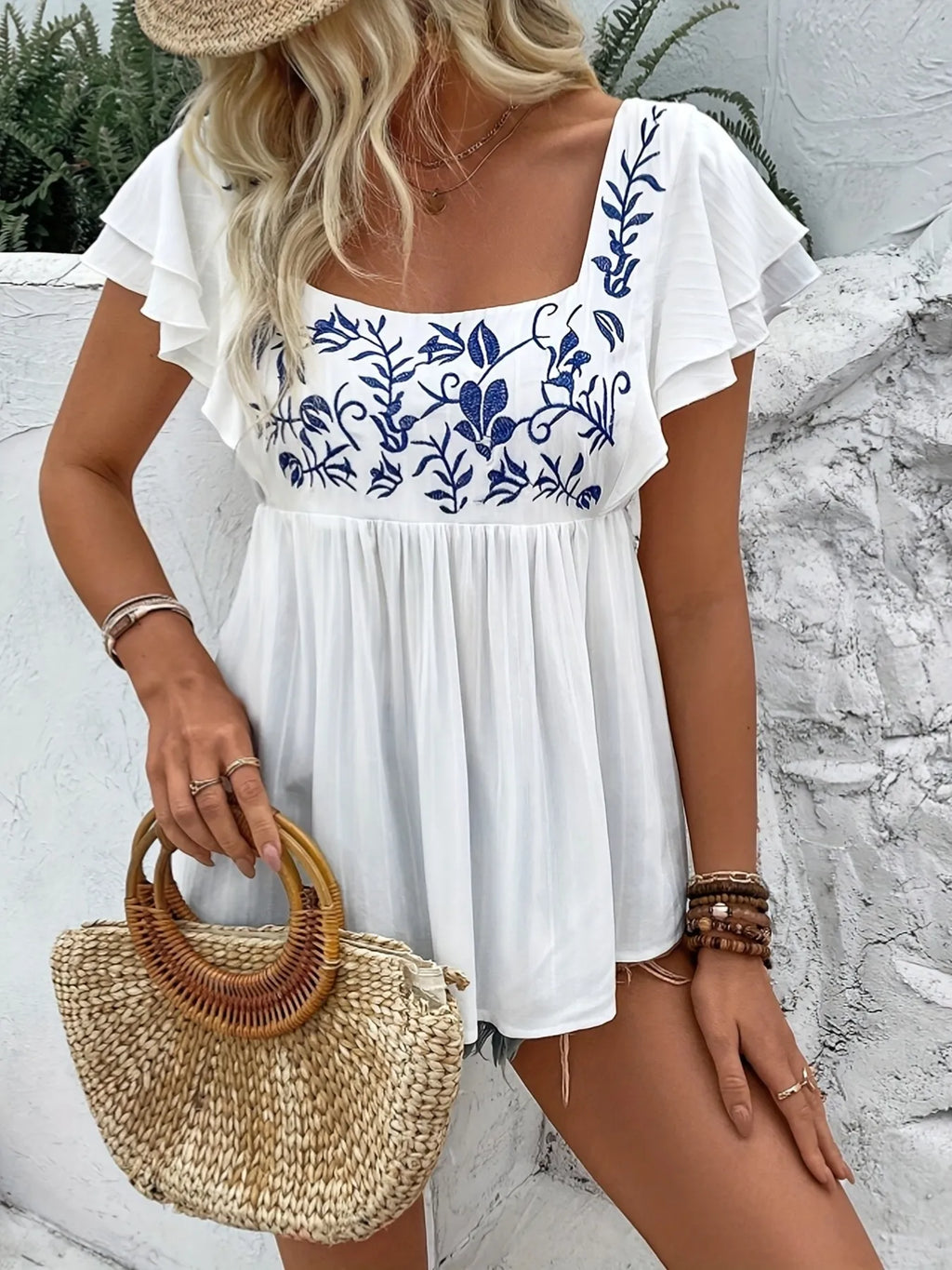 Embroidered Flutter Sleeve Blouse