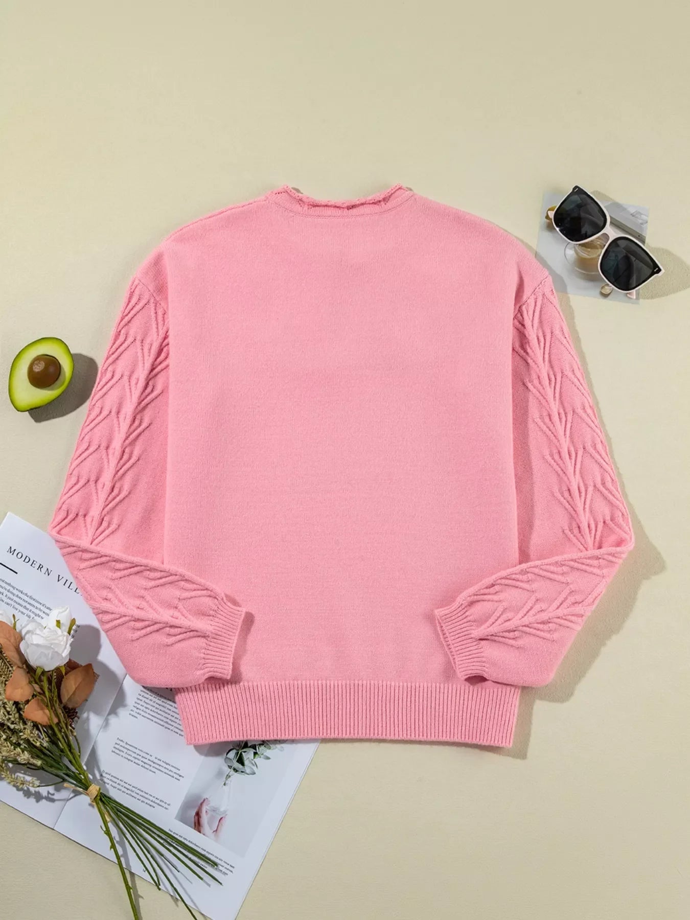 Textured Notched Long Sleeve Sweater