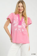 Umgee Abstract Applique Split Neck Top