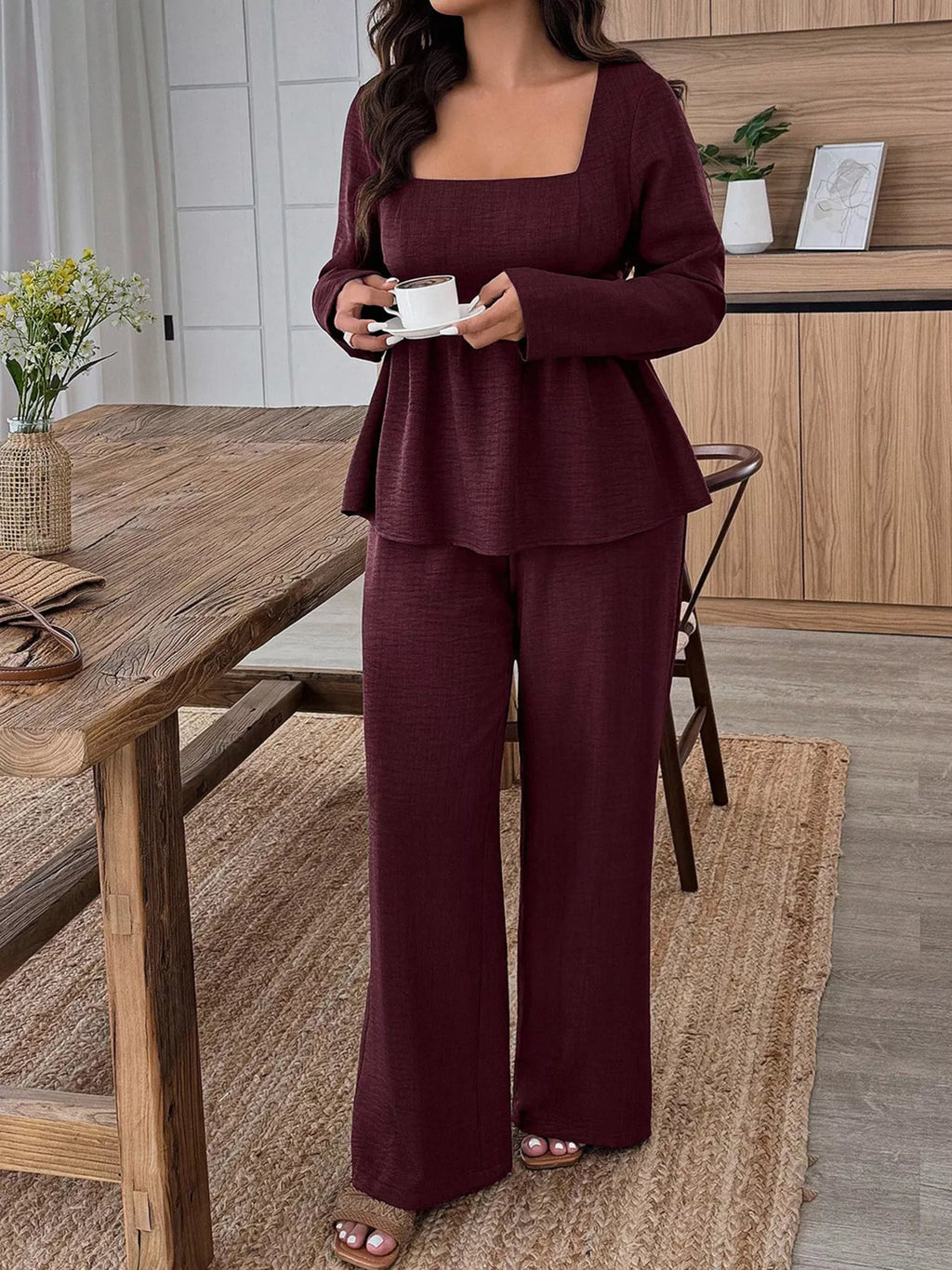 Plus Size Square Neck Long Sleeve Top and Pants Two-Piece Set