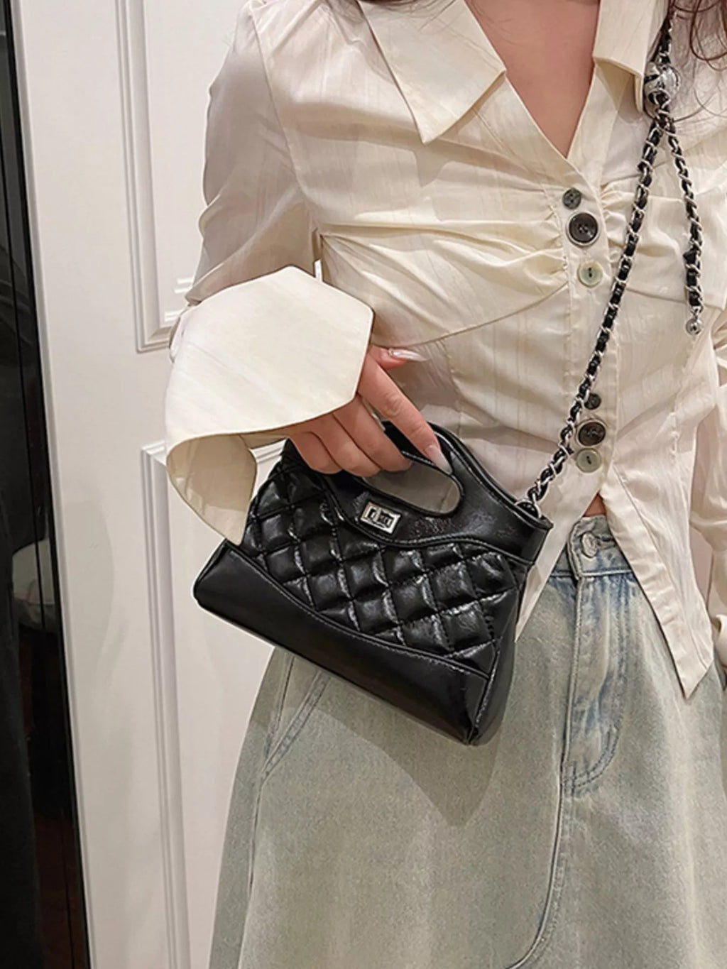Quilted Pattern Top Handle Crossbody Bag