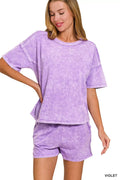Zenana Halo Snow Washed Short Sleeve Tee and Shorts Set