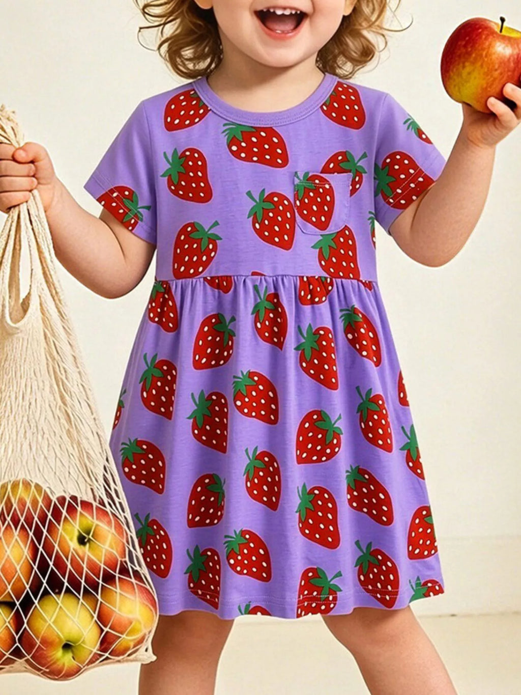 Children's Strawberry Print Short Sleeve Dress