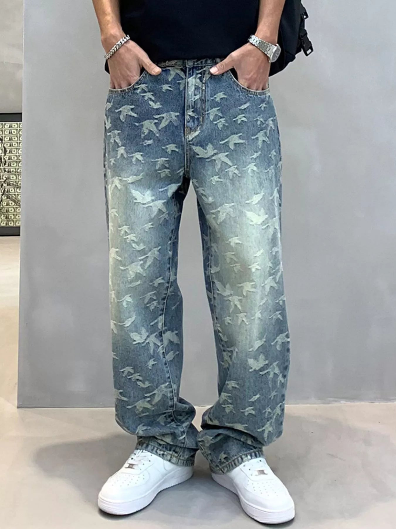 Men's Vintage Bird Print Loose Fit Jeans