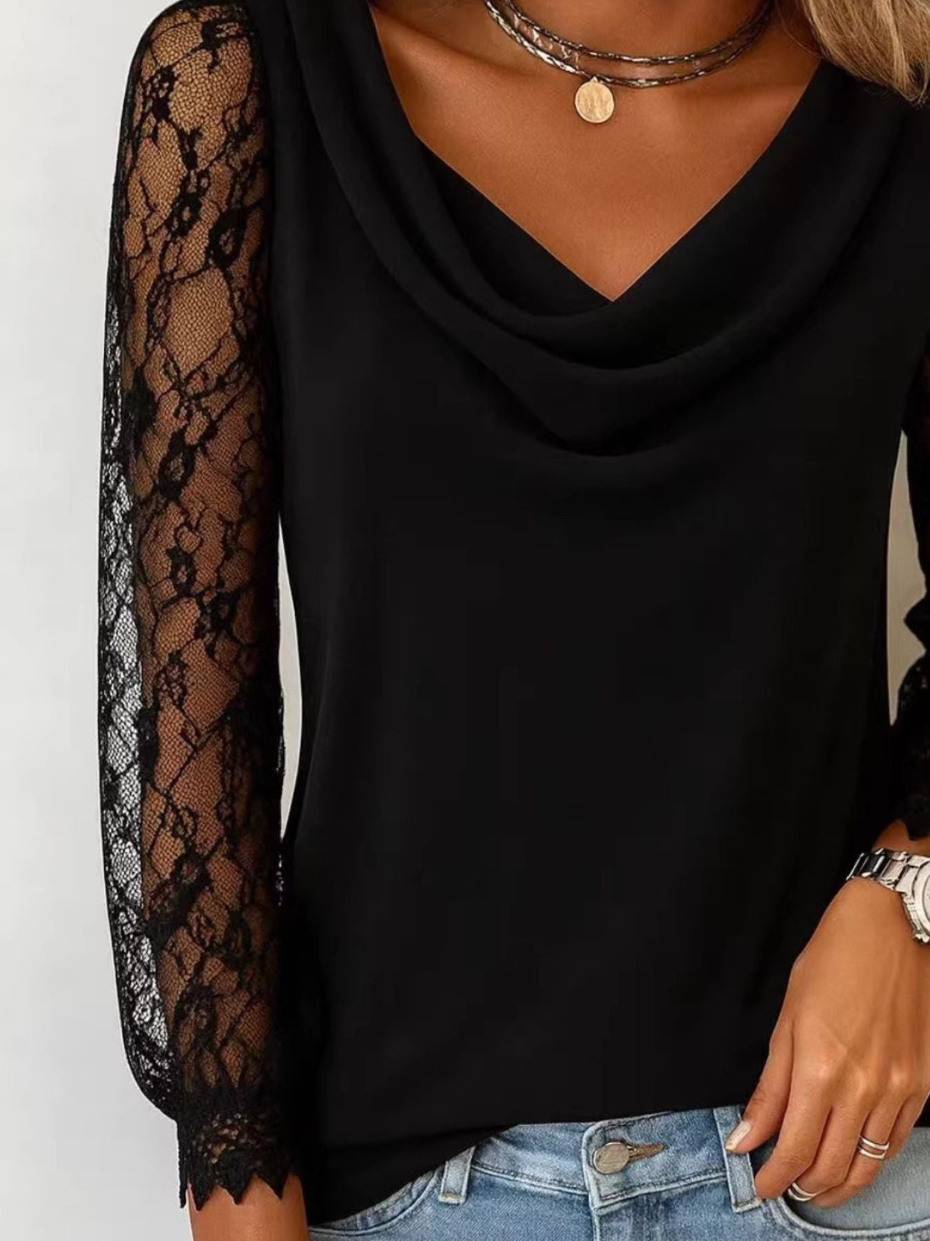 Lace Sleeve Cowl Neck Blouse