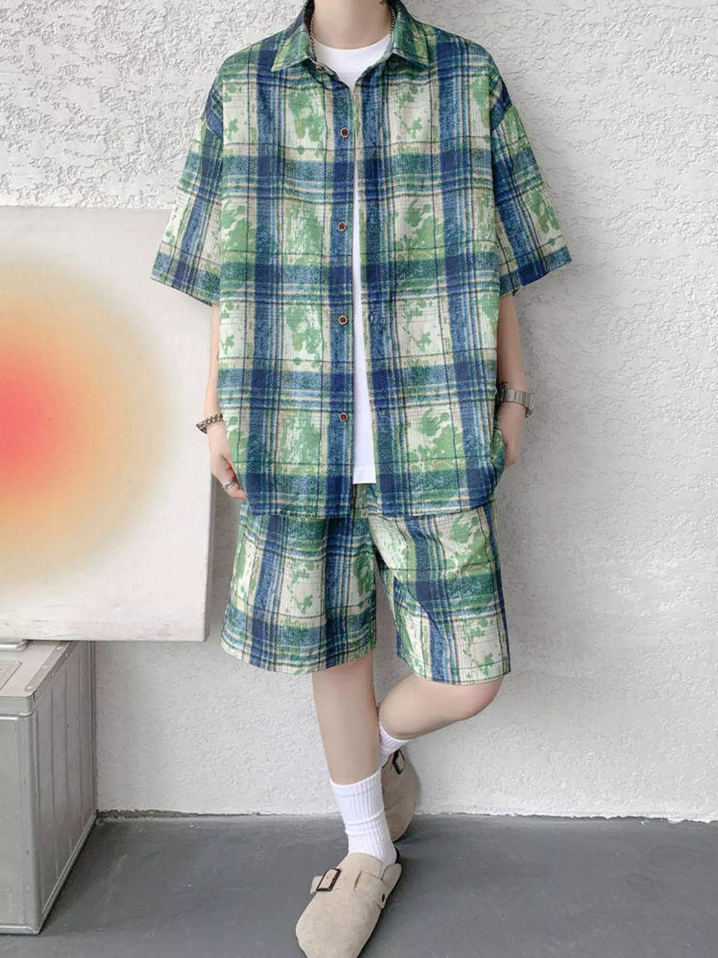 Men's Plus Size Casual Plaid Print Shirt & Shorts Set