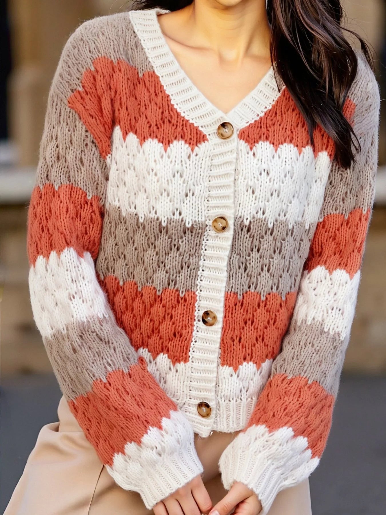 Color Block Button Up Cardigan