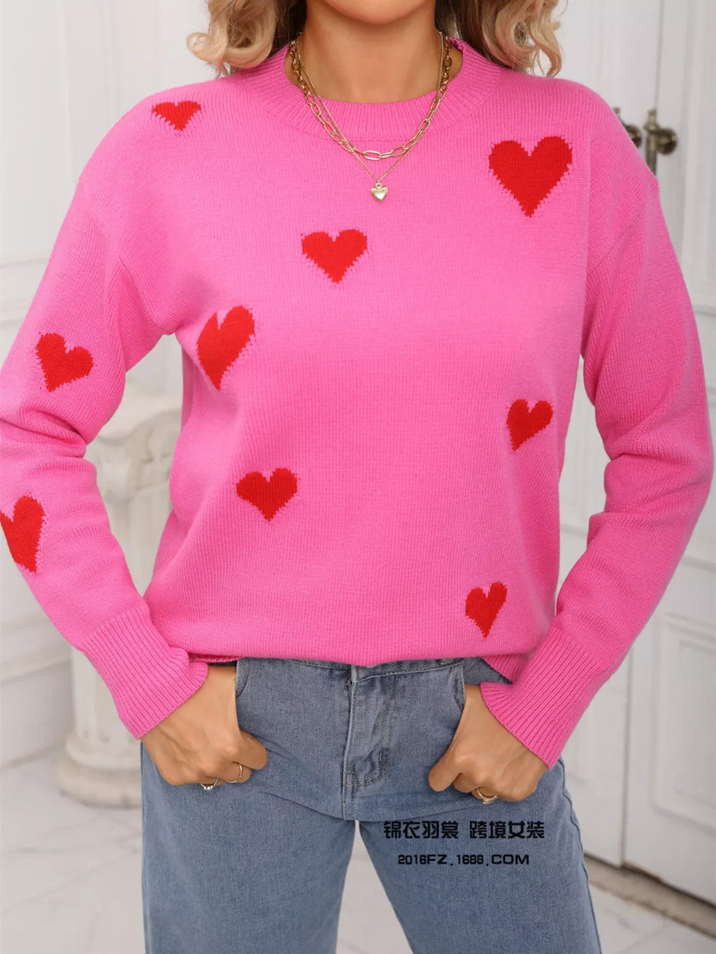 Valentine's Day Heart Print Round Neck Sweater