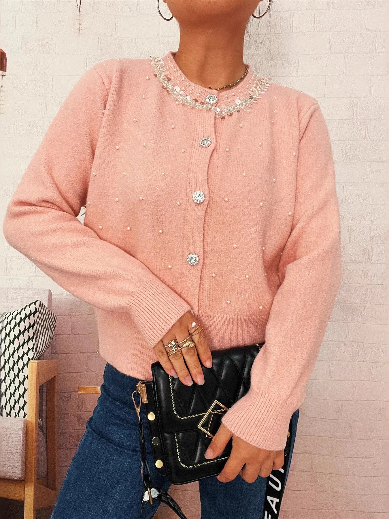 Pearl Detail Button-Front Cardigan