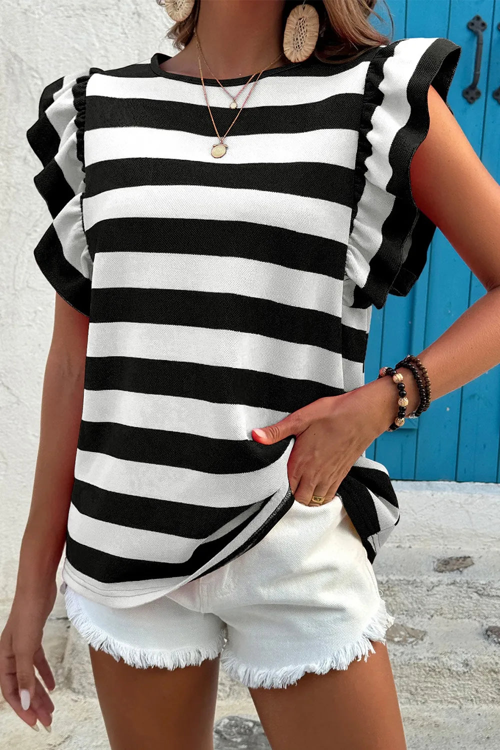 Ruffle Sleeve Striped T-Shirt