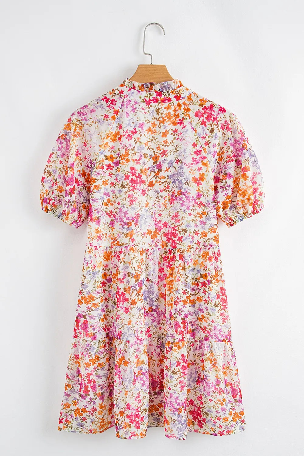 Floral Puff Sleeve Notched Tiered Mini Dress
