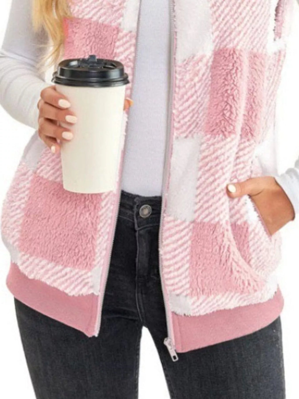 Full Size Color Block Zip Up Vest Coat Plus Size