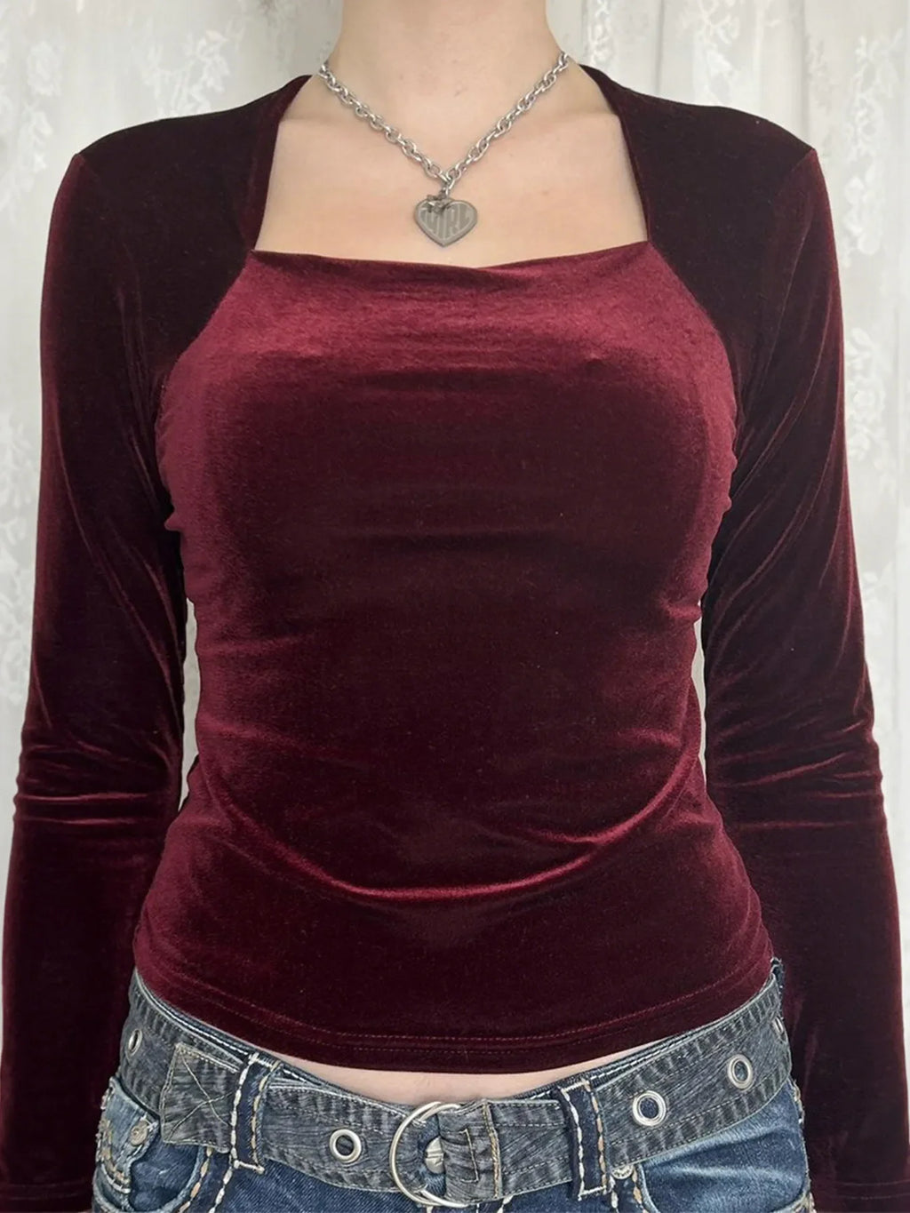 Velvet Long Sleeve Square Neck T-Shirt