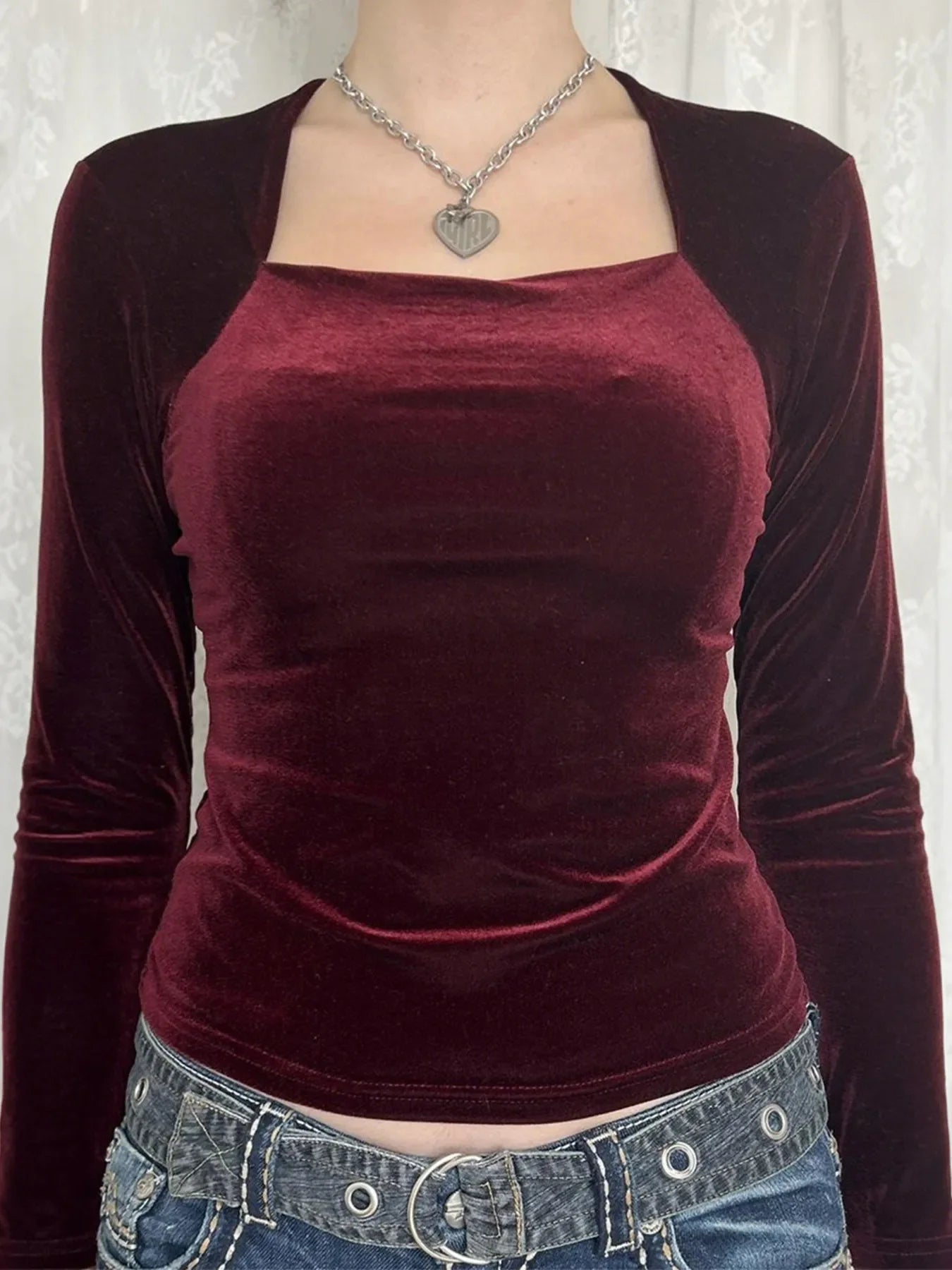 Velvet Long Sleeve Square Neck T-Shirt
