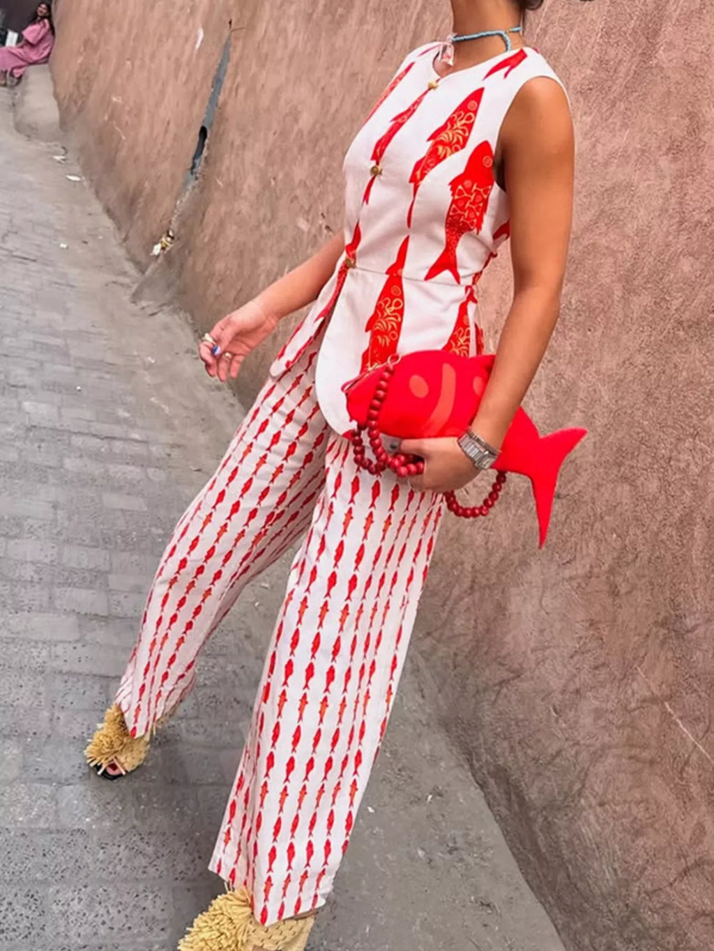 Fish Print Sleeveless Top and Pants Set
