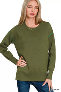 Zenana Round Neck Contrast Trim Sweater