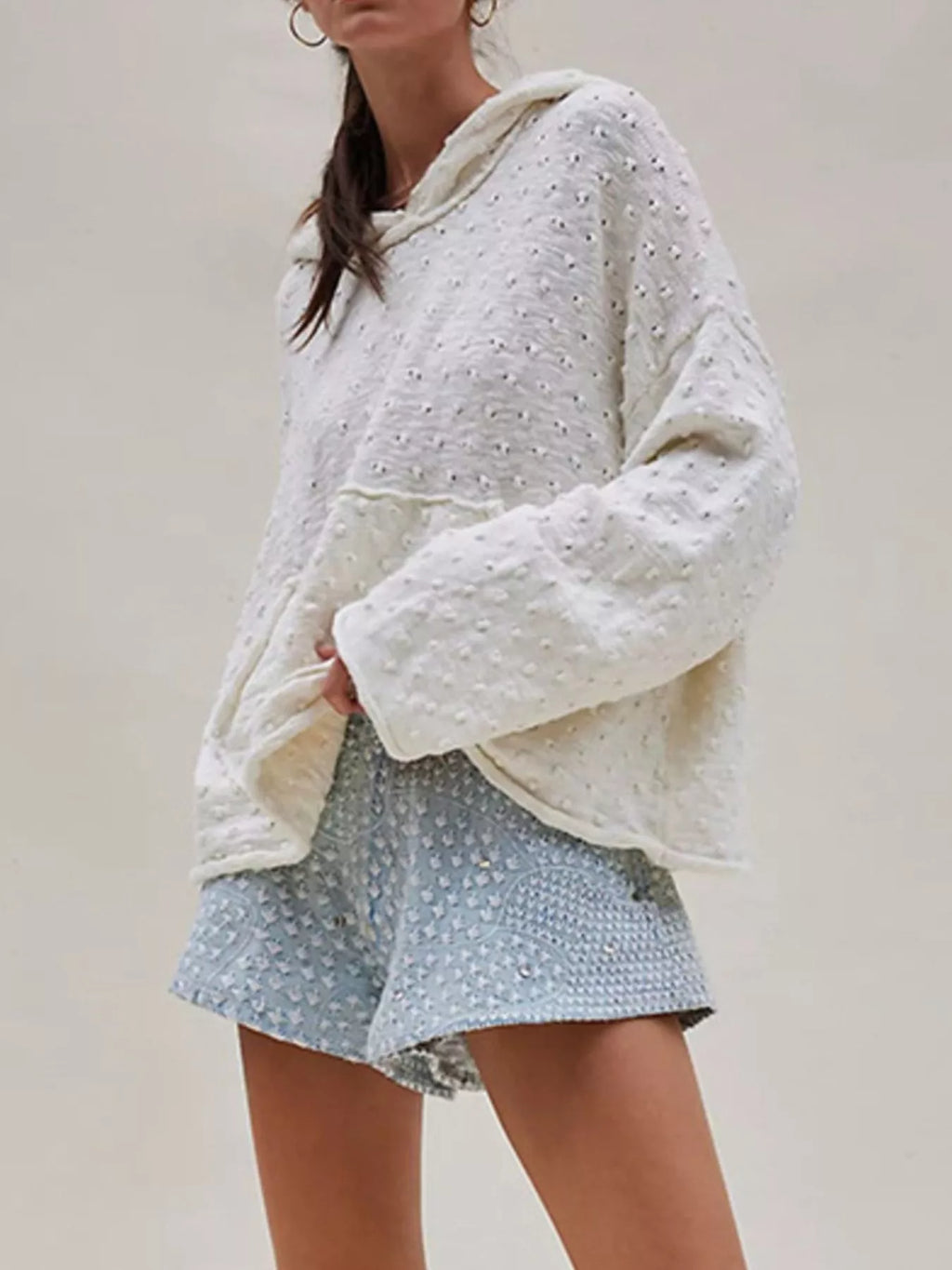 Textured Dot Knit Long Sleeve Hooded Sweater