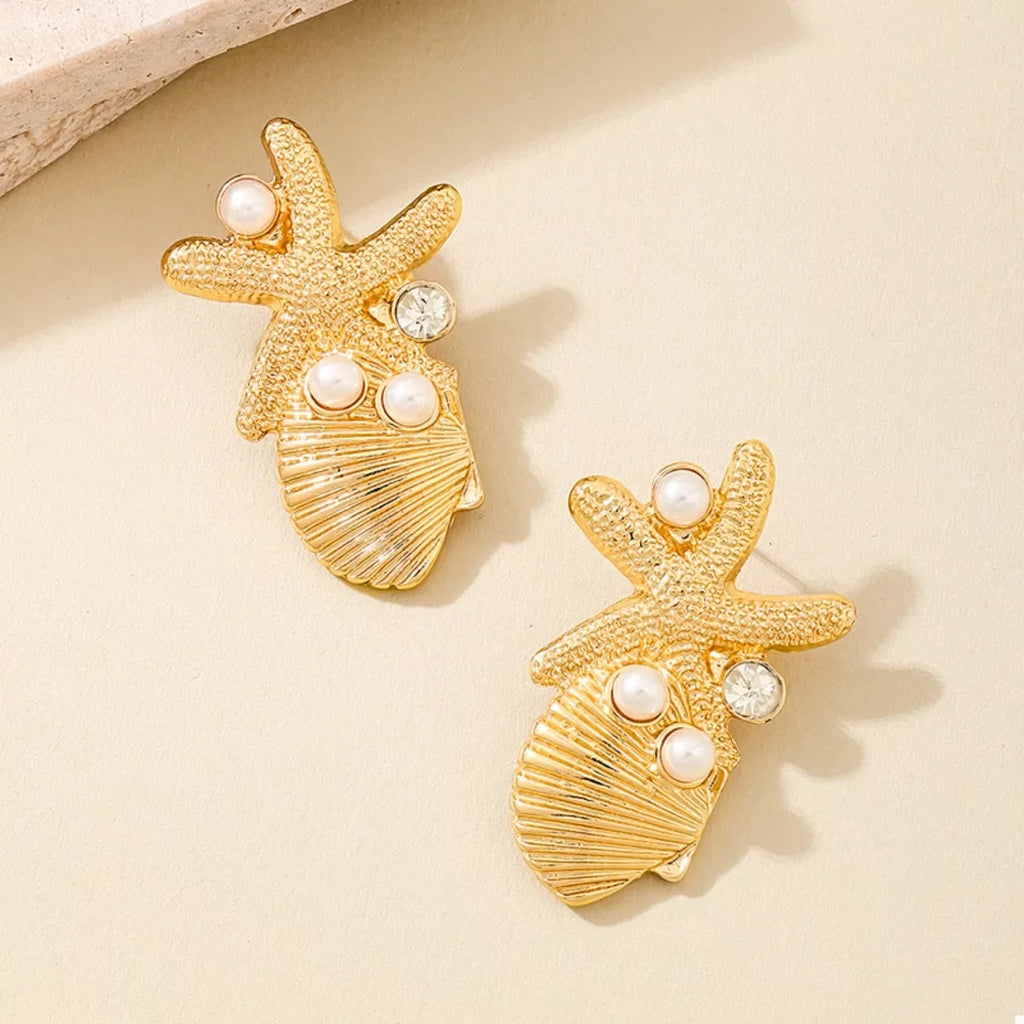 Ocean Starfish Shell Synthetic Pearl Drop Earrings