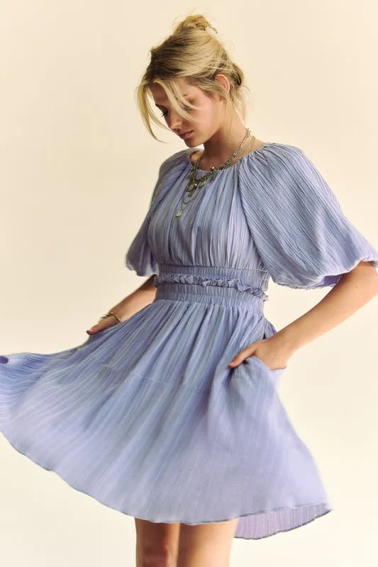 Davi & Dani Back Button Puff Sleeve Mini Dress