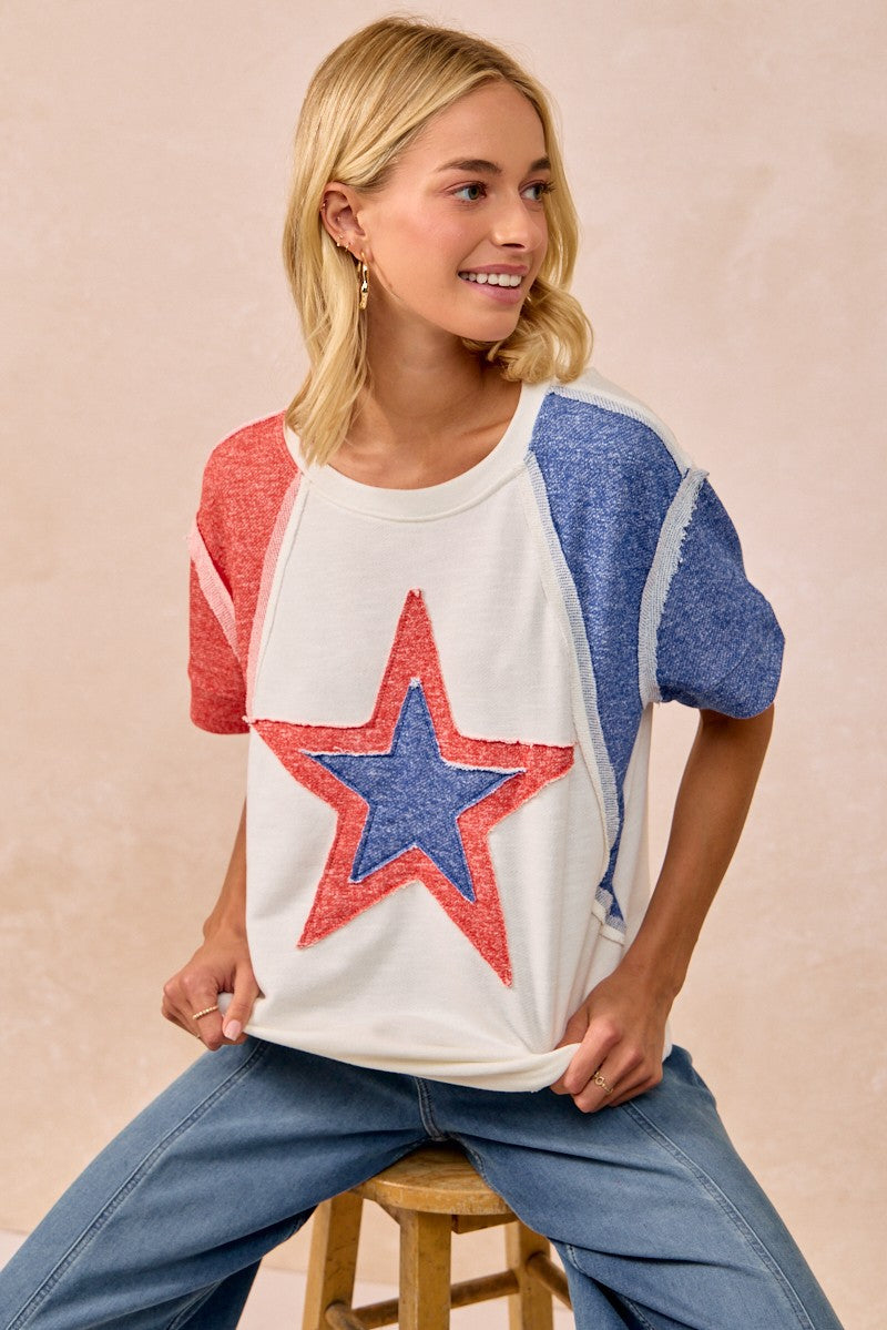 BiBi Contrast French Terry Cut Edge Detail Fourth Of July Theme T-Shirt