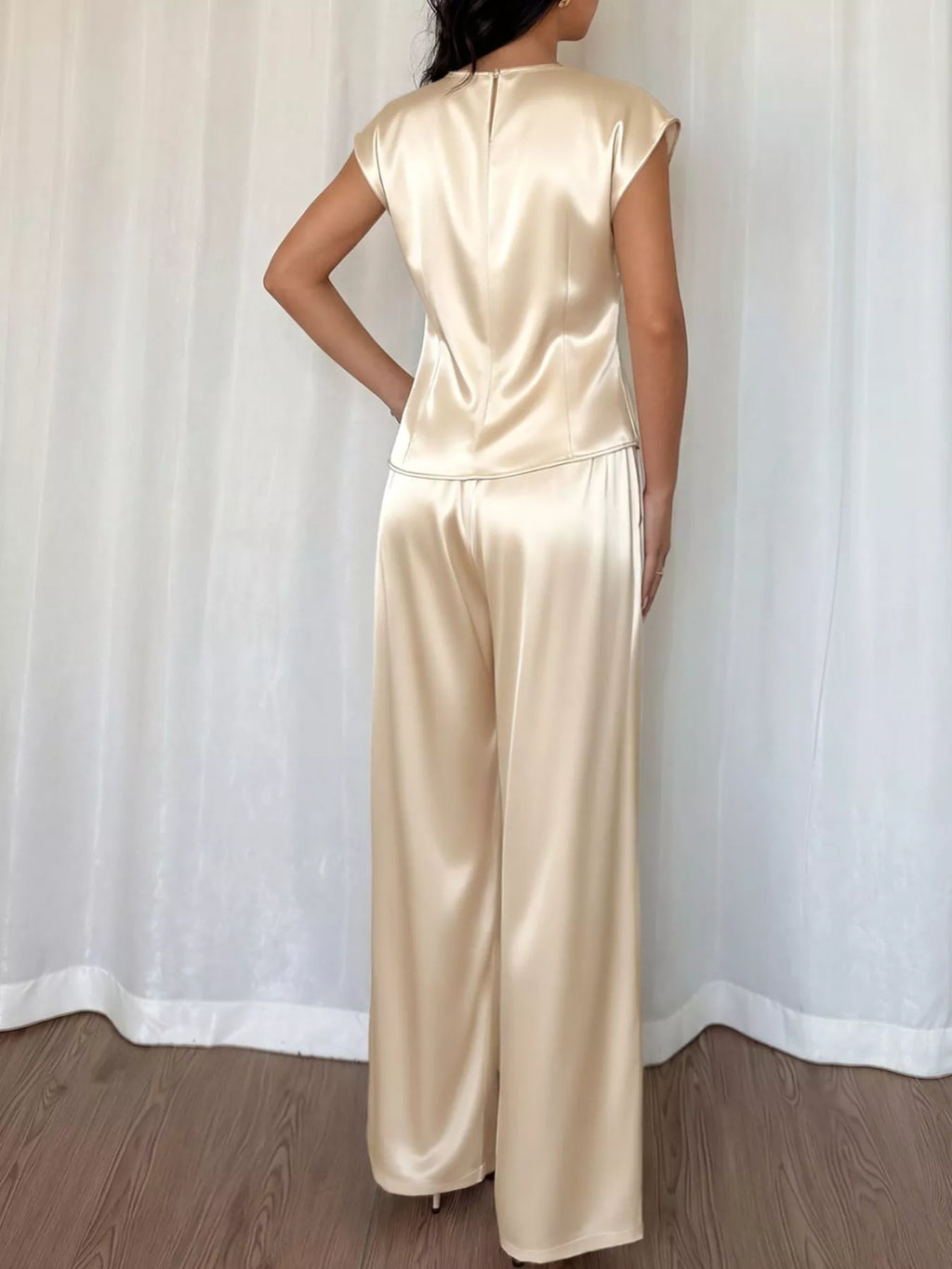 Satin Twist-Front Top and Wide-Leg Pants Set
