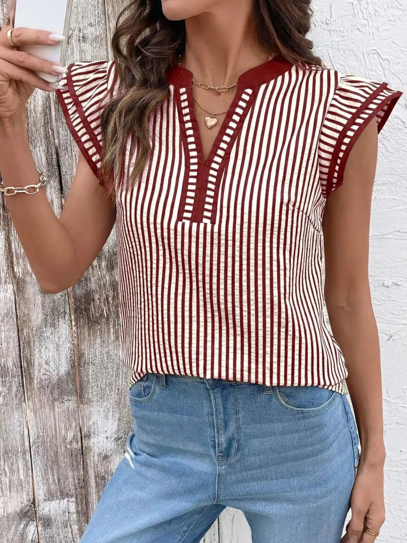 Striped Ruffle Sleeve Blouse