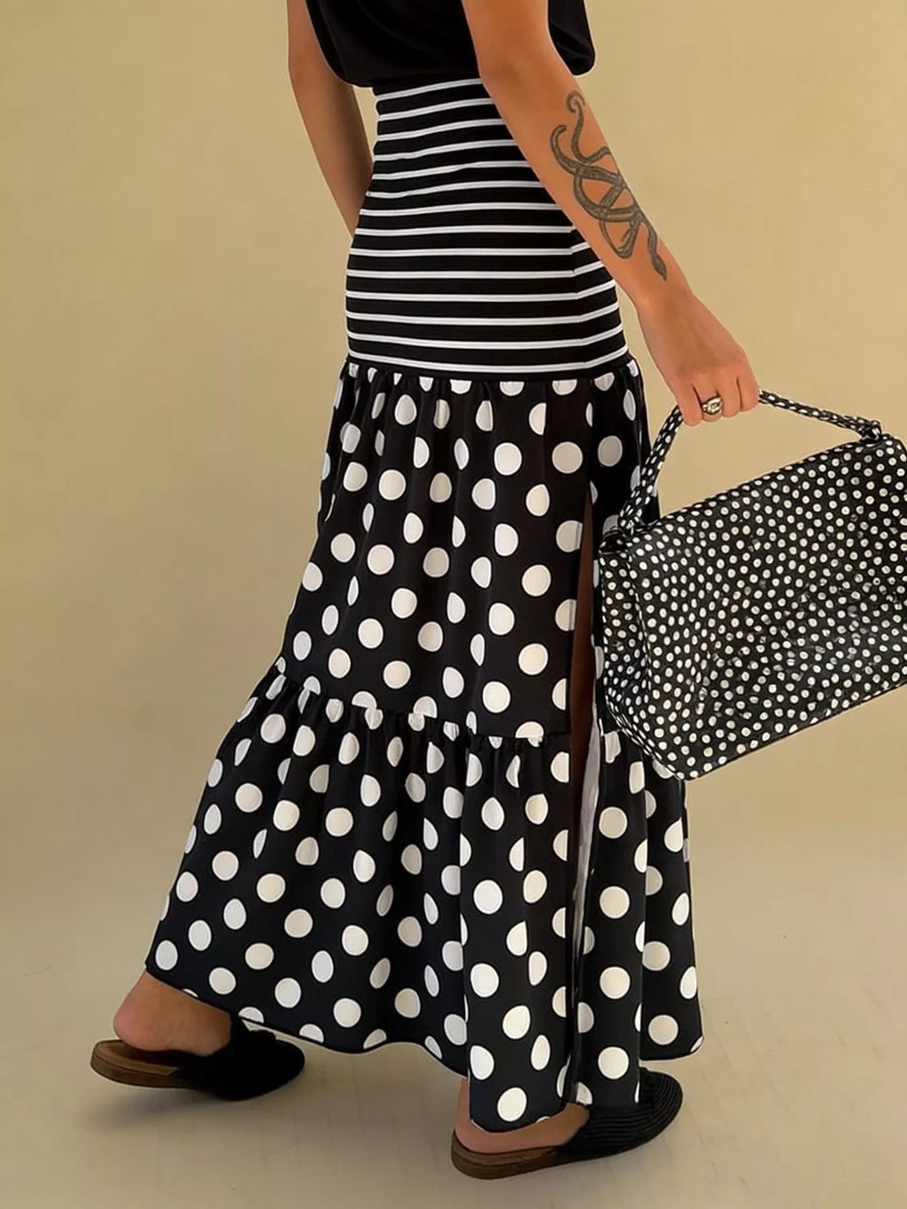 Polka Dot Striped Slit Maxi Skirt