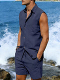 Men's Full Size Button Up Sleeveless Top and Shorts Plus Size
